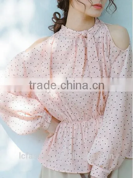 2017 Wholesale Summer Women Tie Neck Cold Shoulder Long Sleeve Print Blouse photo-2