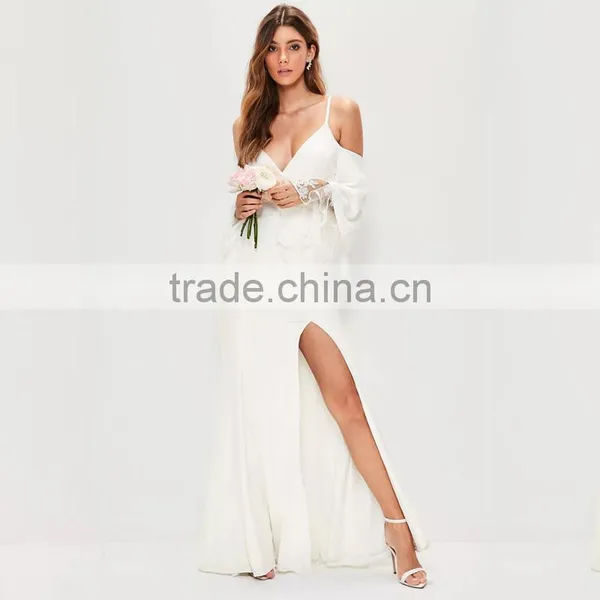 SIMPLE STYLE Women Lace Split Hem and Deep V-neck Maxi Prom Derss photo-3