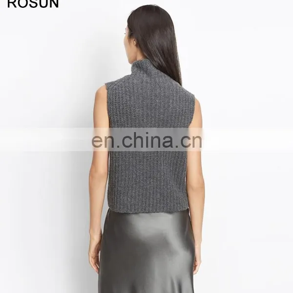 Women Grey Chunky Rib Cashmere Sleeveless Turtleneck Sweater photo-2