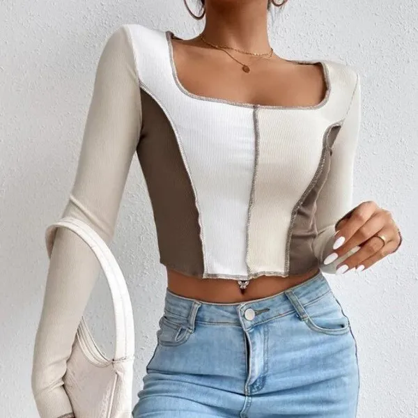 Women Top-stitching Square Neck Crop Tee photo-4