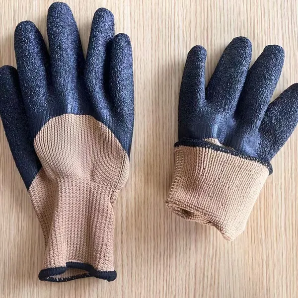 Coffee Polyester 7 Gauge Knitted Wrinkled Latex Palm Coated Safety Work Gloves for Workers photo-2