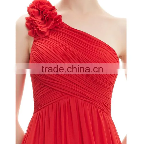 Appliqued Evening One Shoulder Flower Chiffon Dress Bridesmaid Dress Wedding Peacock Prom Dress photo-5