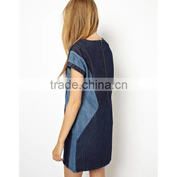2015 Fashion High Quality Fashion Girls Short Sleeve Loose Denim Dress With Contrast Color photo-3
