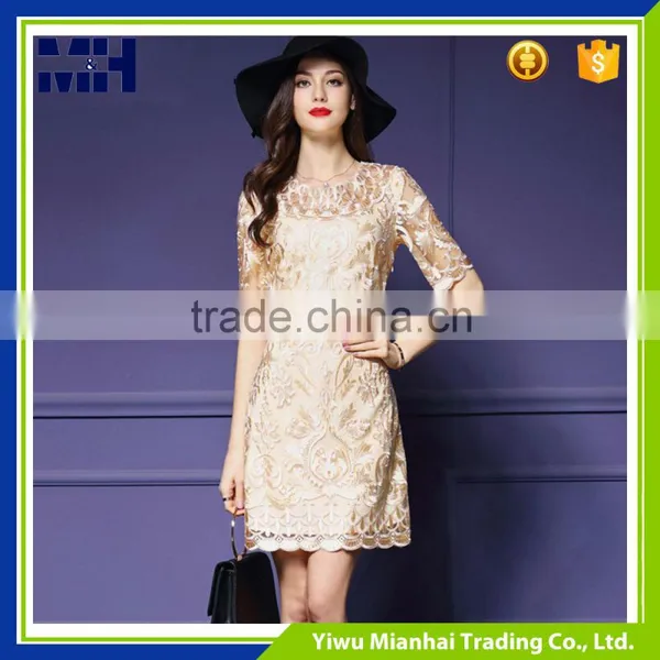 Hot China Products Wholesale Long Sleeve Embroidery+Polyester+Gauze Design Dress