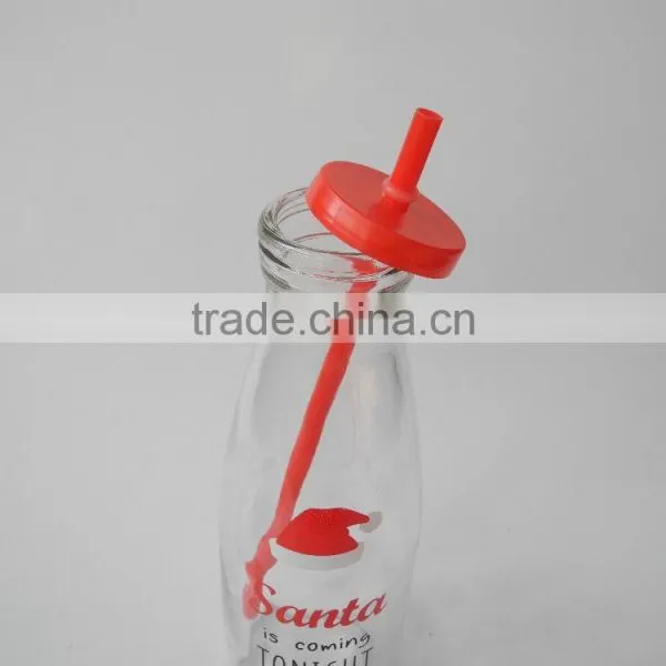 Christmas Use Glass Cow Milk Drinking Bottles With Red Lid and Straw photo-4
