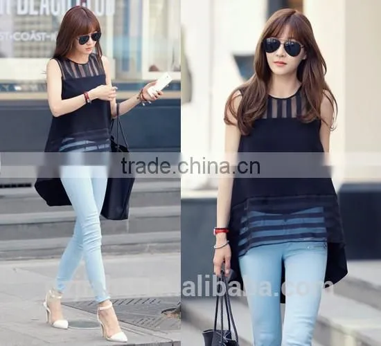 Blusas Femininas 2015 Summer Black Tulle Blusa Women Blouses Ladies Clothing Organza Sleeveless Striped Chiffon Blouse photo-2