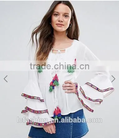 New Designs Fashion Hot Sale Boho Blouse Embroidered Layered Sleeve Women Tops Blouse photo-4