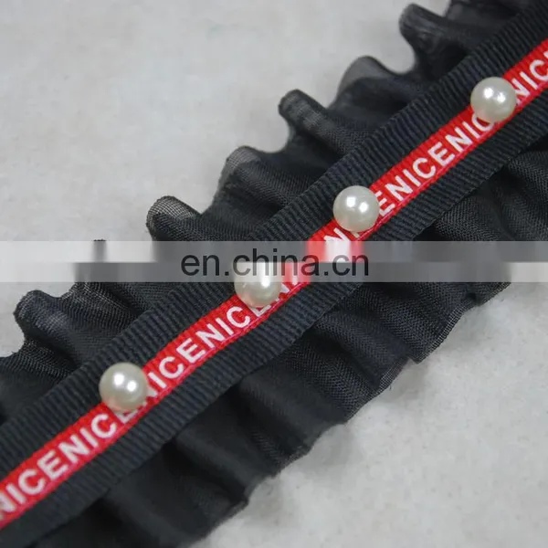 Black Color Beaded Chiffon Ruffle Pearl Trim in 2.5cm photo-5