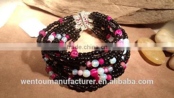 Black Glass Beads Moonstone and Pink Stripped Agate Bracelet photo-2