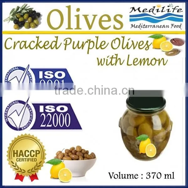 Cracked Purple Olives With Lemon, High Quality 100% Tunisian Table Olives.Cracked Olives With Lemon 370 ml Glass Jar
