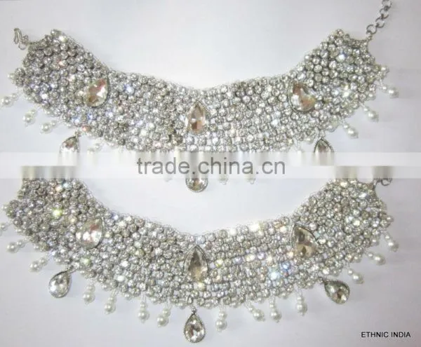 Silver Crystal Broad Payal ANKLETS Pair Feet Bracelet photo-2