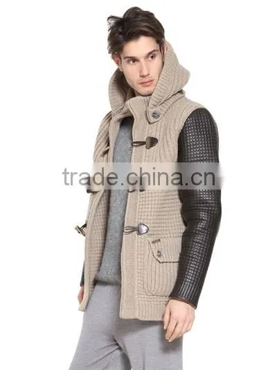 Men Hoodie Knitted Cardigan Leather Sleeve Wool Sweater Coat photo-2