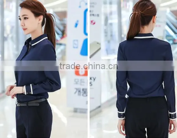 Custom High Quality Woman Clothes Fashionable Navy Blue Elegant Ladies Blouse Wholesale photo-6