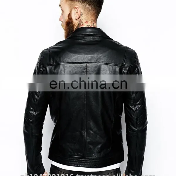 Men's Fashion Genuine Cowhide Milled Leather Bomber/Biker Jacket Quilted Pocket in Black photo-2