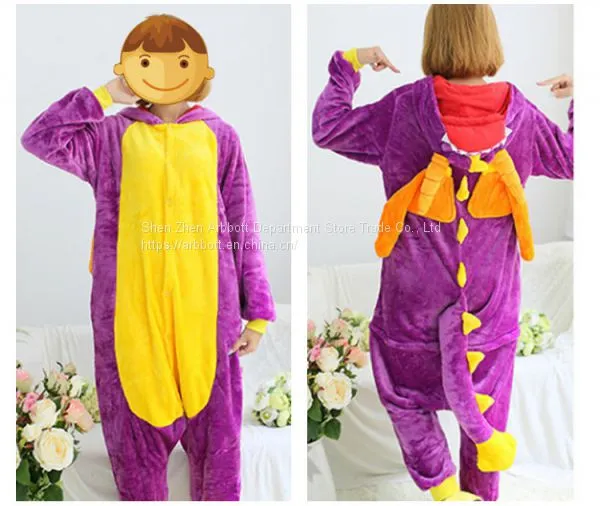 Purple Dinosaur Cartoon Flannel Conjoined Polyester Children Pajamas photo-4