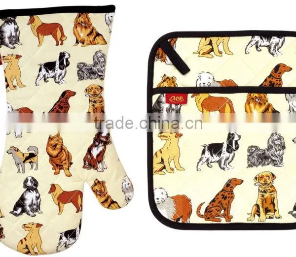 2015 HIGH QUALITY NEW DESIGN PRINTING DOGS COTTON (OVEN MITT& POT HOLDER) KITCHEN SET
