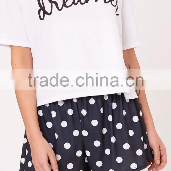 Custom Logo Print Loose Top Short Sleeve With Dots Shorts Causal Pajama Set Ladies Pyjama Set photo-6