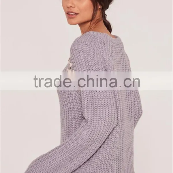 Custom Label Brand Women Plain Long Sleeve Knitwear Crewneck Lace Up Jumper Purple Pullover Oversized photo-2