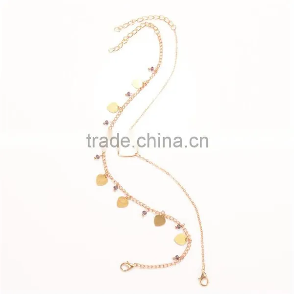 Gold Tone Double Layers Purple Rhinestone Heart Sequined Beads Simple Anklet Foot Chain photo-2