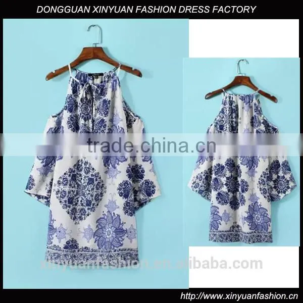2017 New Model Summer Dress Women off Shoulder Straight Loose Blue and White Porcelain Printed Dress