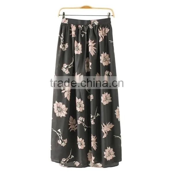 Ladies Chiffon Flower Printed Ruffle Long Skirt