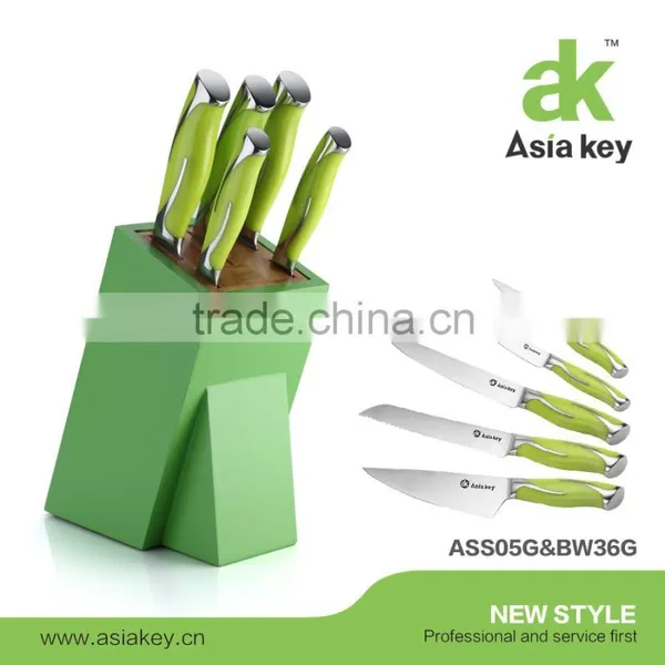 Green Stainless Steel Kitchen Knife Set in Wood Block