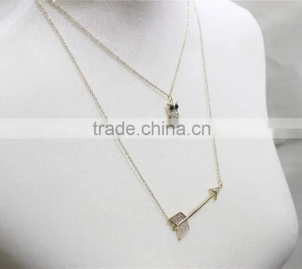 Gold Double Layered w/ Rhinestone Owl & Sparkle Arrow Pendant Necklace 2016 Fashion Style Wholesale photo-4