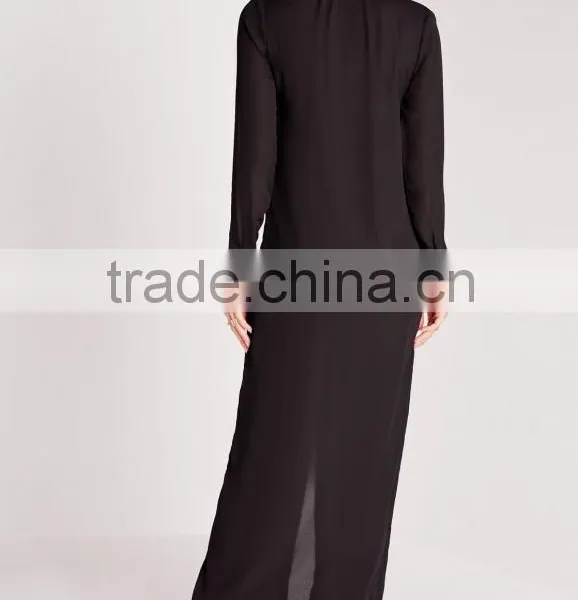 Plain Black Long Sleeve Button Deep v Sexy Slim Fit Elegant Long Evening Dress photo-2