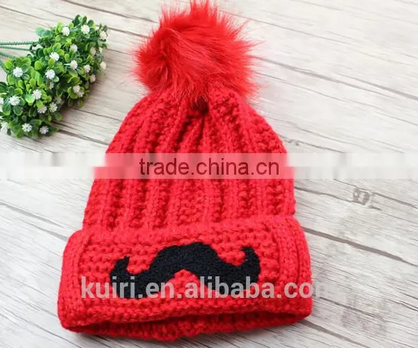 Cartoon Smile Face Lovely Acrylic Knitted With Faux Fur Ball Beanie Women Men Autumn Winter Cap Warm Hat photo-4