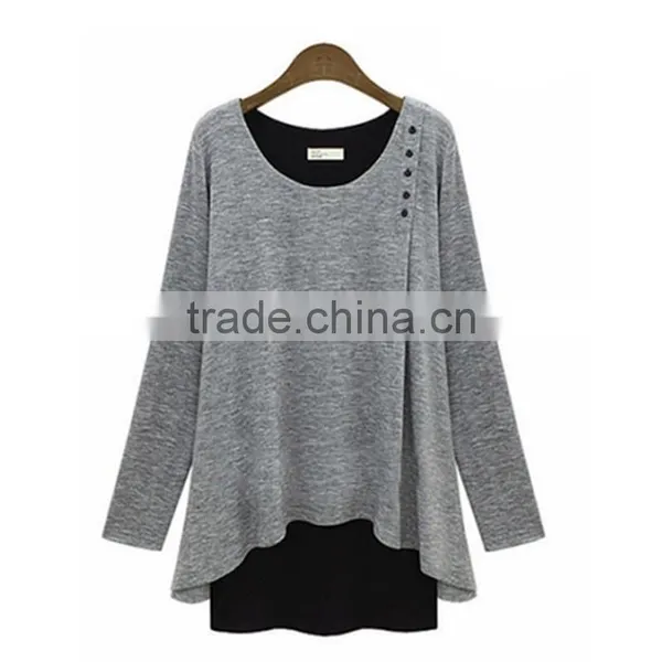 New Design Irregular Two Color Fake Two Pcs Long Sleeve Women Wear Loose T Shirt Water Fall photo-2