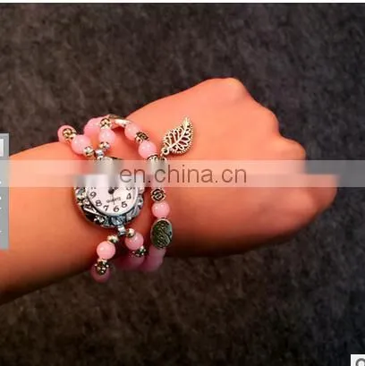 Women Retro Pendant Quartz Watch Multi-color Imitation Agate Beads Bracelet Lady Casual Wristwatch photo-3