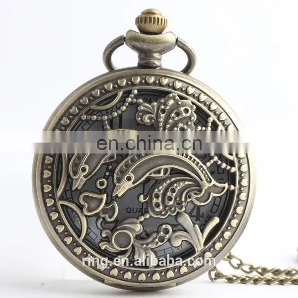 Fashion Retro Bronze Hollow Carved Dolphin Unisex Pocket Watch photo-3