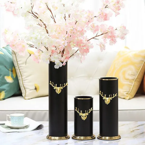 Metal Deer Head Nordic Light Luxury Cylinder Black Gild Metal Vase For Home Soft Decor photo-5