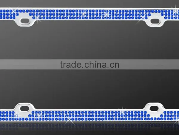 License Plate Frame - Metal Bling - Chrome w/ Blue Sparkling Crystals - Triple Row photo-6