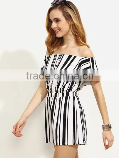 Bodysuits Latest Fashion Design Women Clothing Black and White Striped Off The Shoulder Jumpsuit photo-4