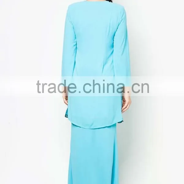 Blue Beaded Printed Made in China Long Sleeve Muslim Dress photo-4
