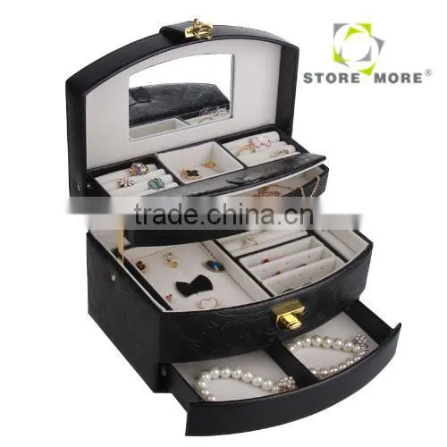 Black Pu Leather Jewelry Box Jewelry Case Jewelry Storage Organizer With Lock And Mirror photo-4