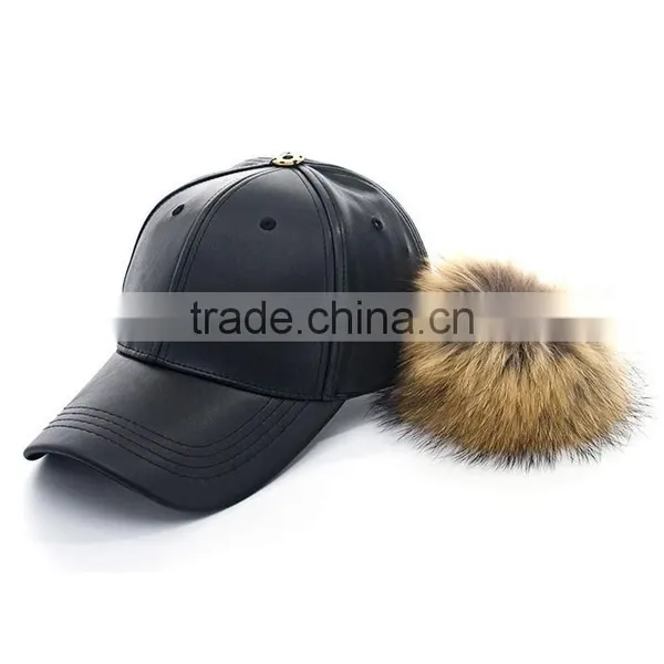 Myfur Wholesale Colors Winter Leather Pom Baseball Cap With Fur Pom Pom photo-2