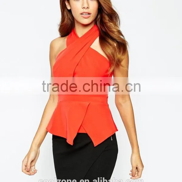 Halter Neck Smooth Stretch Fabric Peplum Top Wholesale Tank Top photo-2