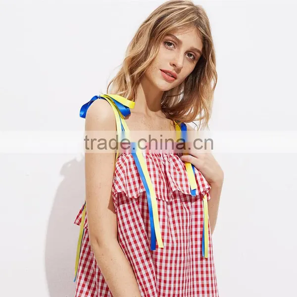 Cute Ruffled Hem Self Tie Dress, Ladies Red Cotton Sleeveless Dress photo-5