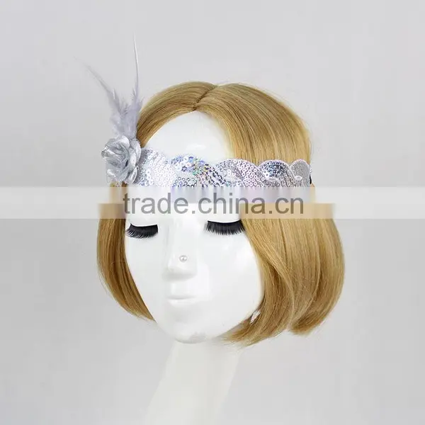 Halloween/Christmas Custom White Flapper Sequin Elastic Feather & Flower Headband photo-6