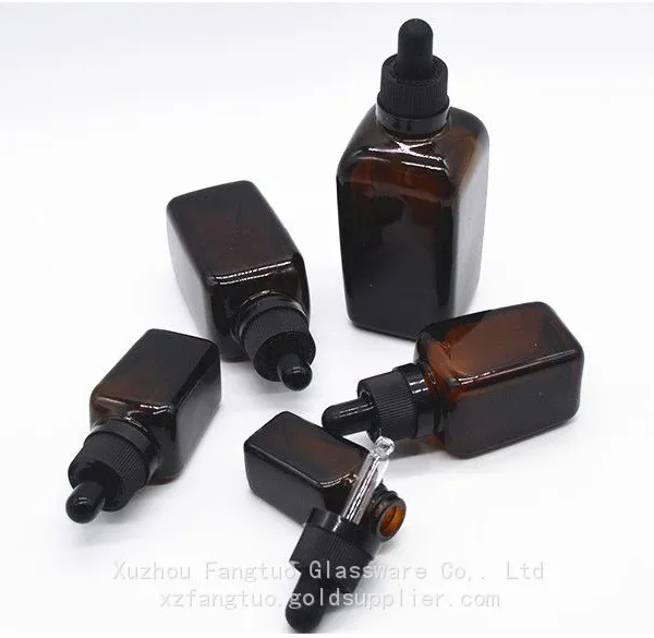 Child-Resistant Screw Top Cap Dropper Bottle Amber Glass Dropper Bottle Square Shape Empty Bottles for Skin Care Serum Essential Oil Packing