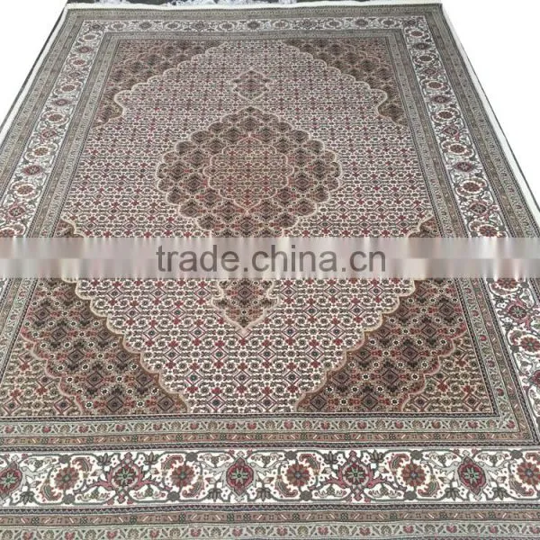 Beige-Beige Mahi Tabriz Woolen and Silk Carpet