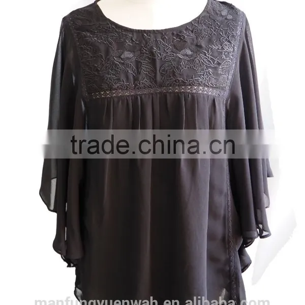 Sexy Chiffon Fluffy Bat Sleeve With Floral Embroidery Design Ladies Blouse Top