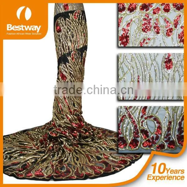 Bestwaytex FL0049 In Royal Blue Color French Cord Lace Silk Chiffon Fabric With Shiny Sequins photo-3