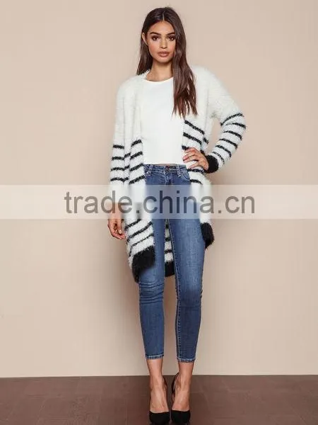 MGOO 2016 New Arrival Fuzzy White Striped Cardigan Women Knit Tops Cashmere Sweaters Women Clothing photo-6