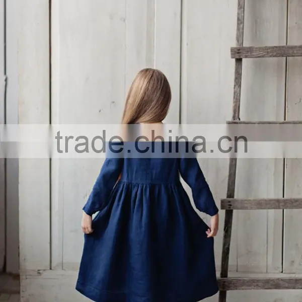 Linen Long Sleeved Girls Dress Midi Girl Dress Navy Blue Dress Hot Sale photo-3
