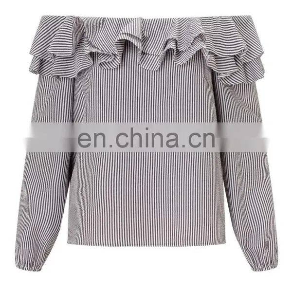OEM Petite Stripe Chiffon Off Shoulder Top, Latest Design Double Layer Frill Top And Blouse photo-2
