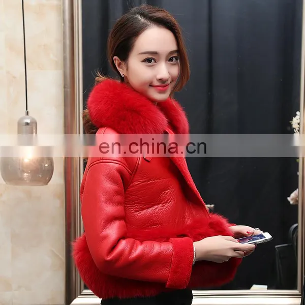 Korean Style High Quality Clothing Winter Women Leather Jacket With Fox Fur Collar photo-3