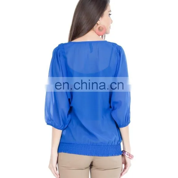 2015 Blue Top With Smocking And Tie-up Women Blue Floral Print Tie-up Top photo-6